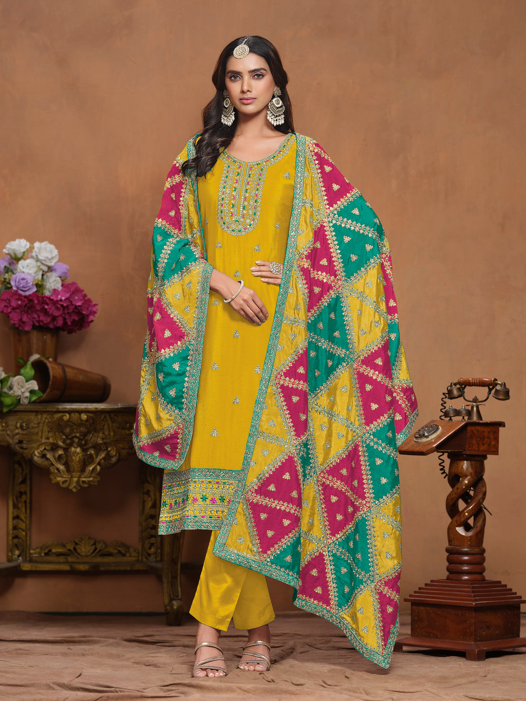 Chinon Salwar Kameez with Multicolor Dupatta | Elegant Ethnic Wear for Special Occasions