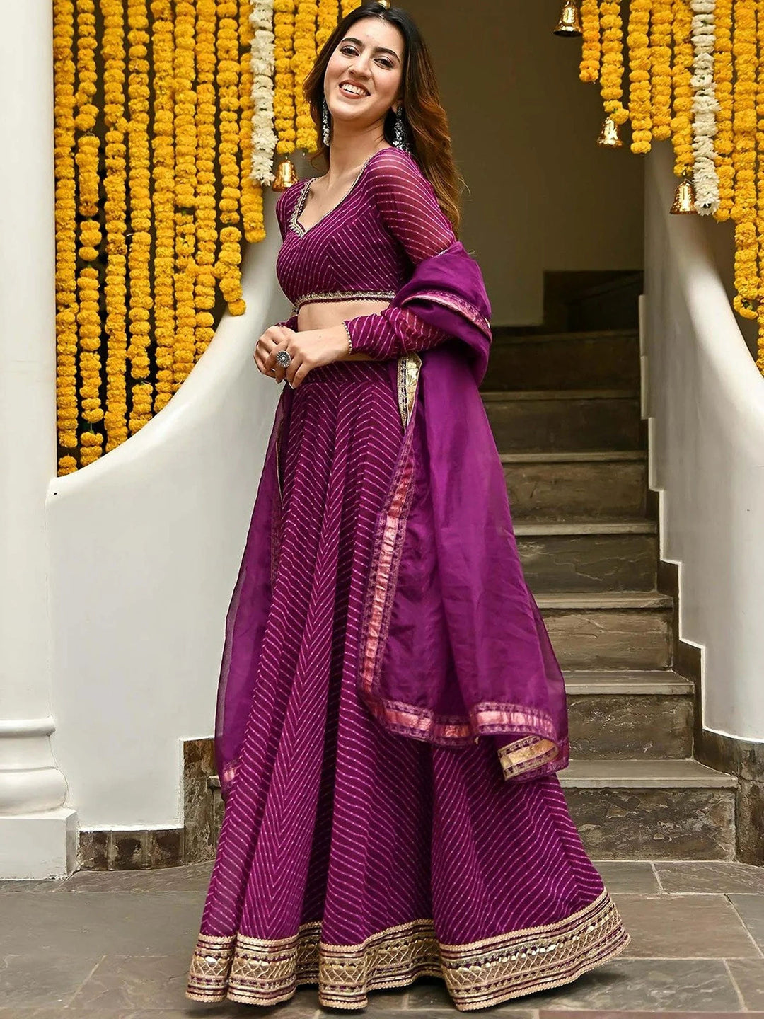 Designer Purple Georgette Lehenga | Laheriya Print & Intricate Zari Work