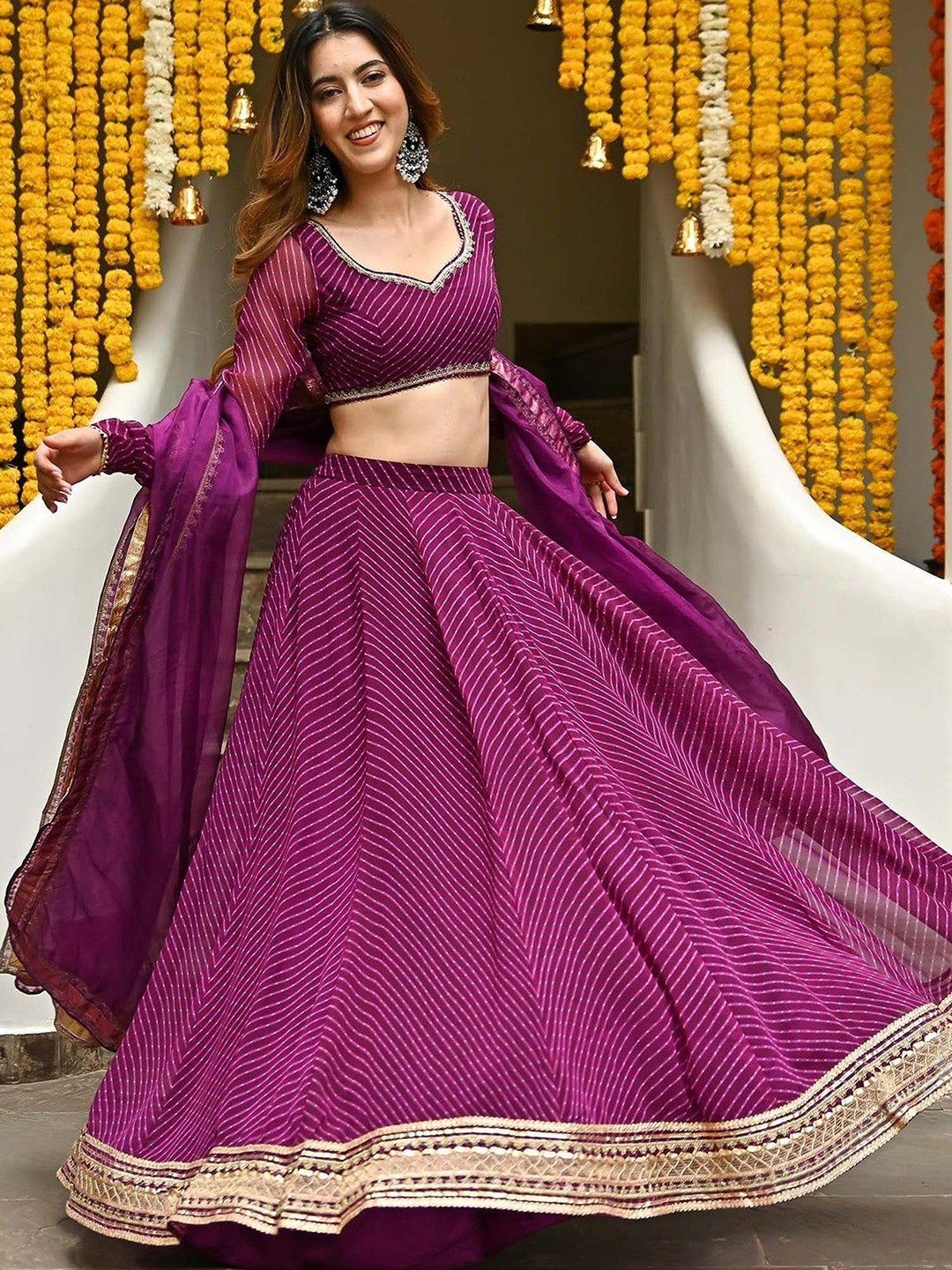 Designer Purple Georgette Lehenga | Laheriya Print & Intricate Zari Work