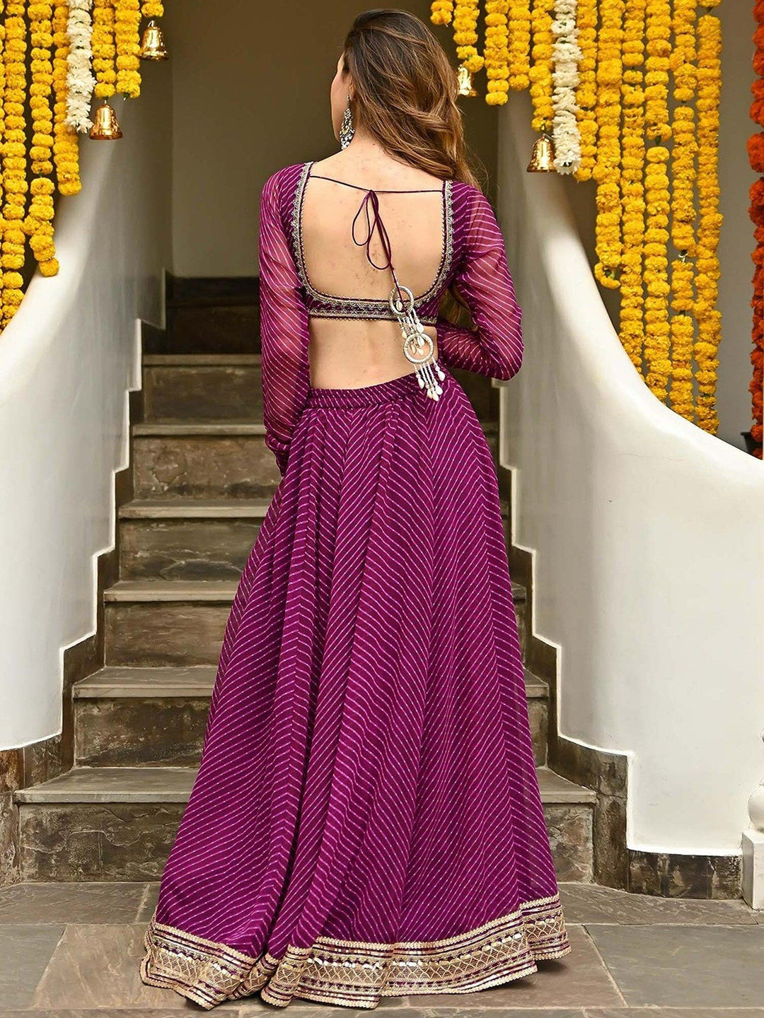 Designer Purple Georgette Lehenga | Laheriya Print & Intricate Zari Work