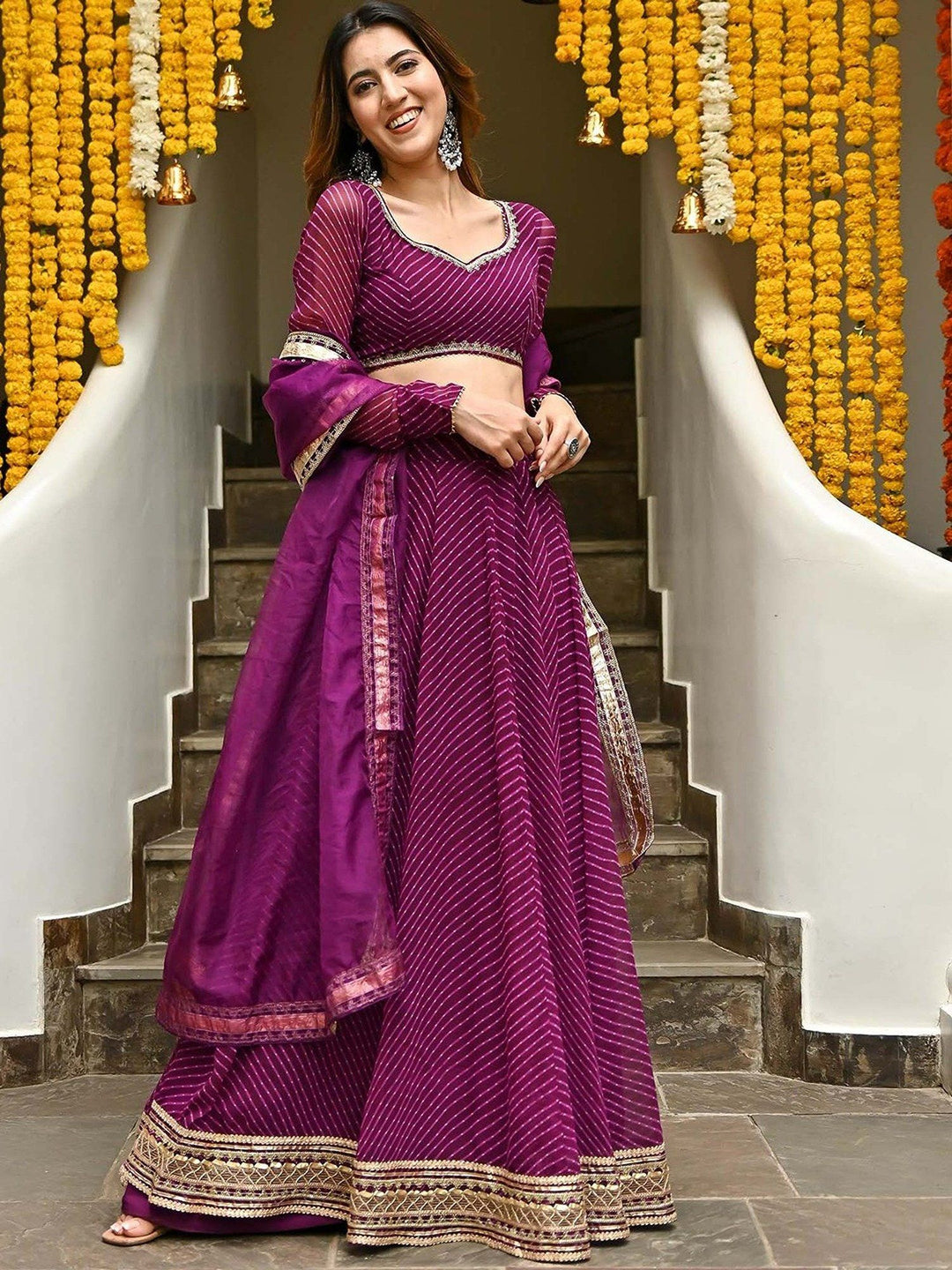 Designer Purple Georgette Lehenga | Laheriya Print & Intricate Zari Work