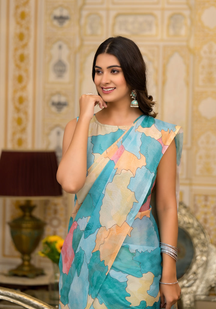 Designer-Printed Georgette Saree | Silk Top & Bottom | Special Event Wear