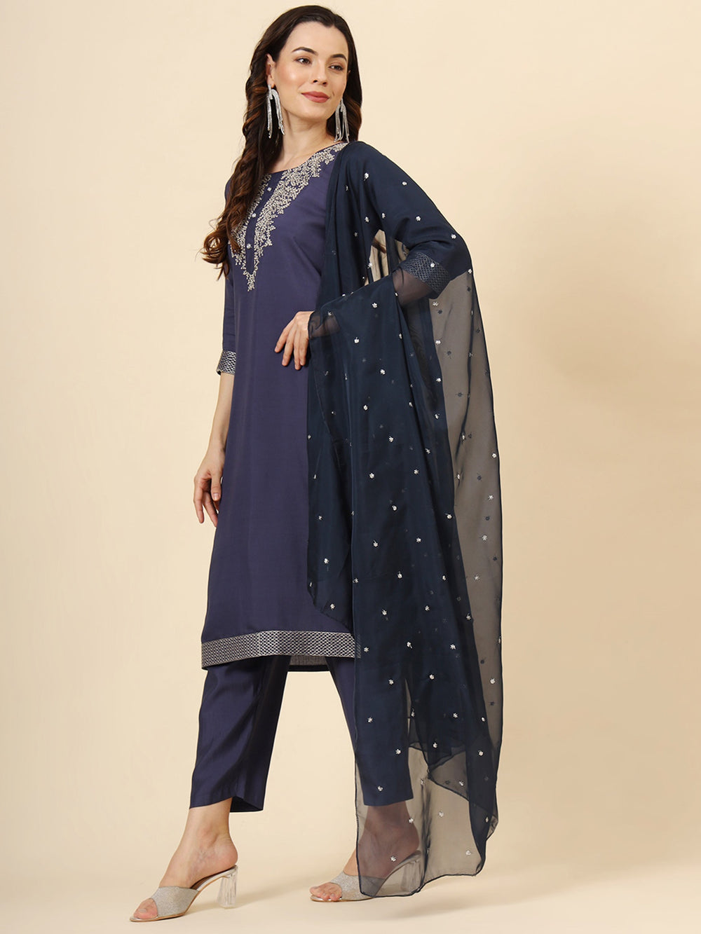 Marvelous Navy Blue Embroidered Silk Festival Wear Pant Suit