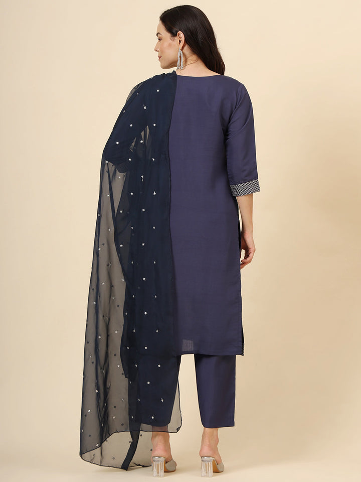 Marvelous Navy Blue Embroidered Silk Festival Wear Pant Suit