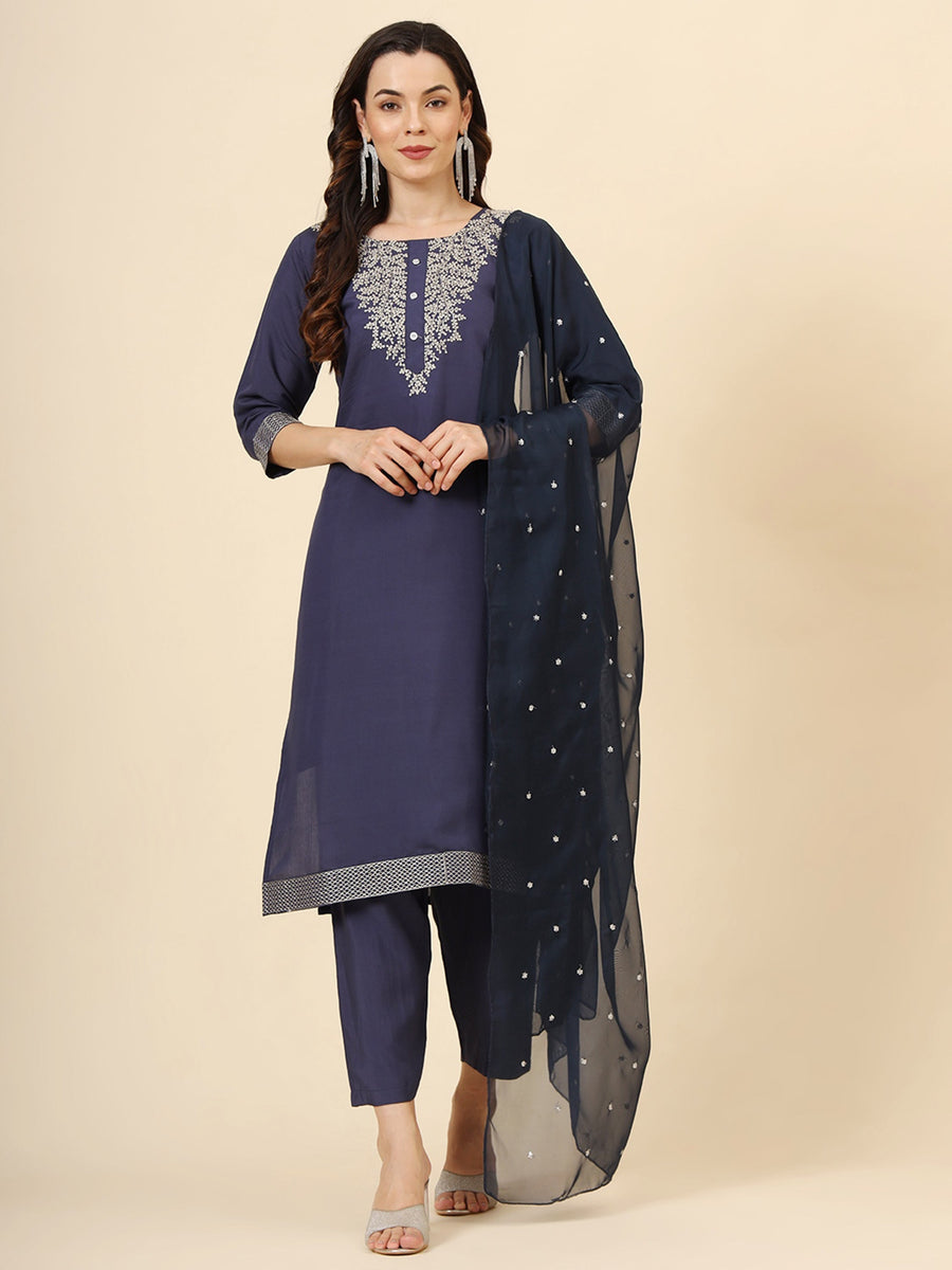 Marvelous Navy Blue Embroidered Silk Festival Wear Pant Suit