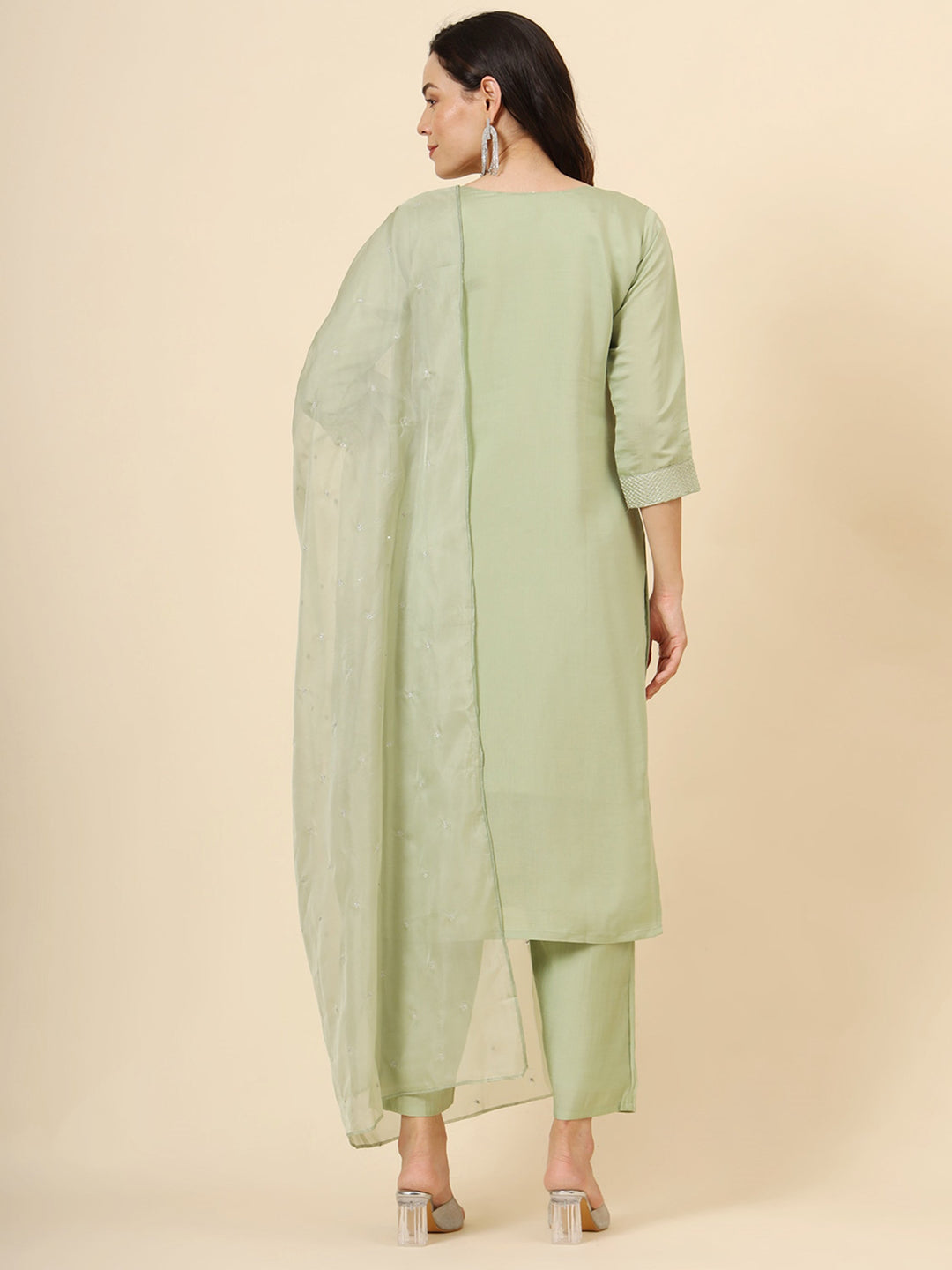 Alluring Pista Green Embroidered Silk Event Wear Pant Suit