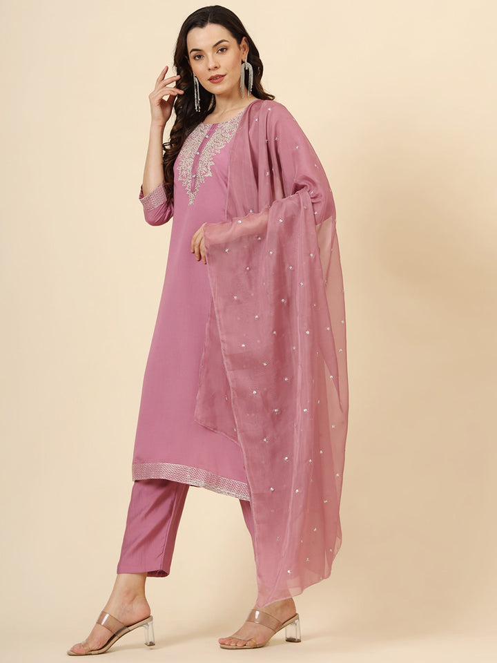 Glamorous Pink Embroidered Muslin Silk Festival Wear Pant Suit