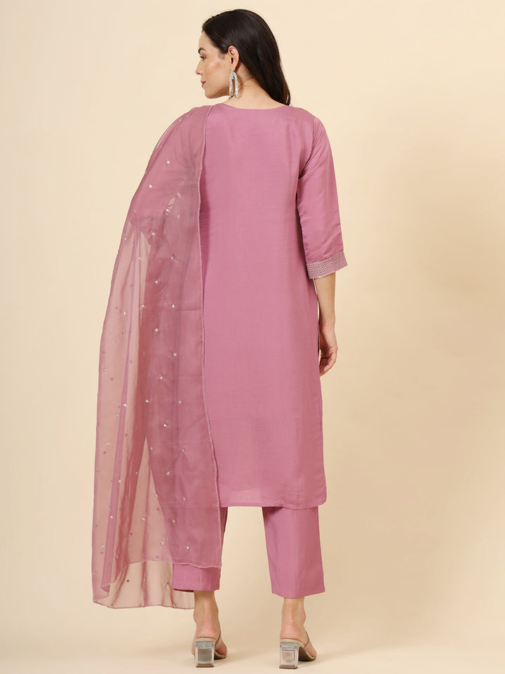 Glamorous Pink Embroidered Muslin Silk Festival Wear Pant Suit