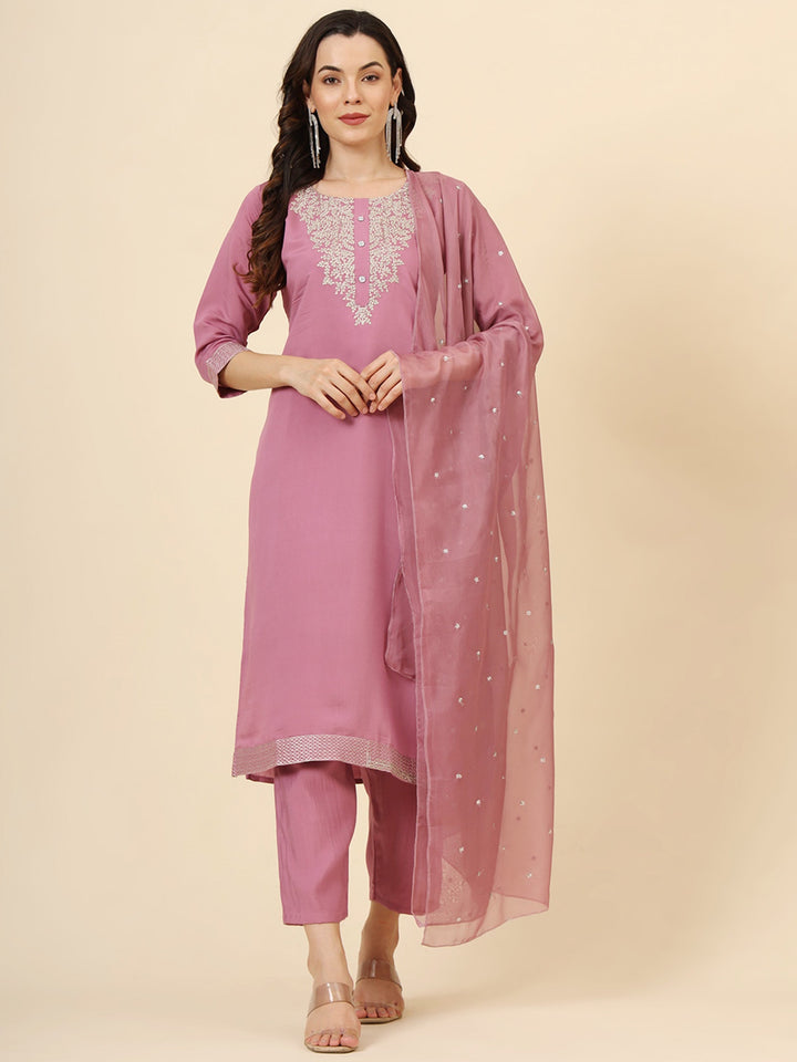 Glamorous Pink Embroidered Muslin Silk Festival Wear Pant Suit