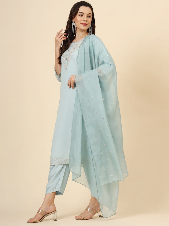 Beautiful Sky-Blue Embroidered Work Silk Traditional Pant Suit