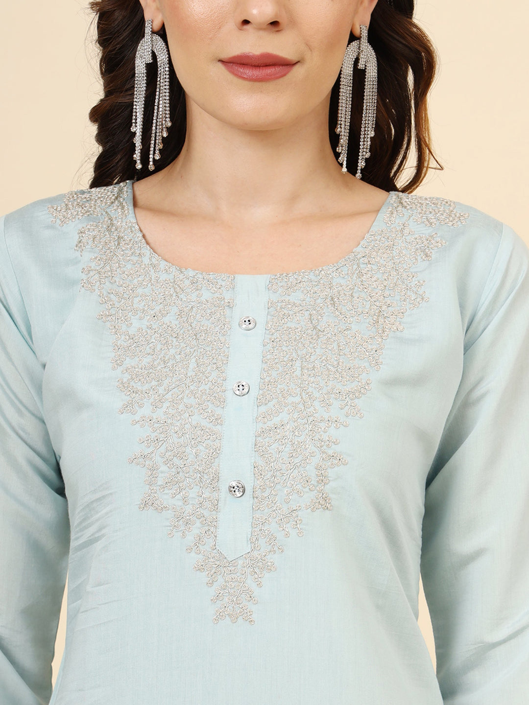 Beautiful Sky-Blue Embroidered Work Silk Traditional Pant Suit