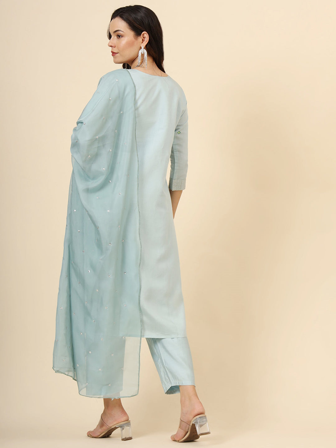 Beautiful Sky-Blue Embroidered Work Silk Traditional Pant Suit