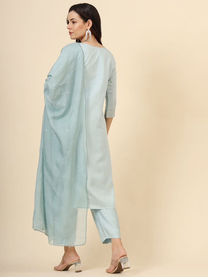 Beautiful Sky-Blue Embroidered Work Silk Traditional Pant Suit