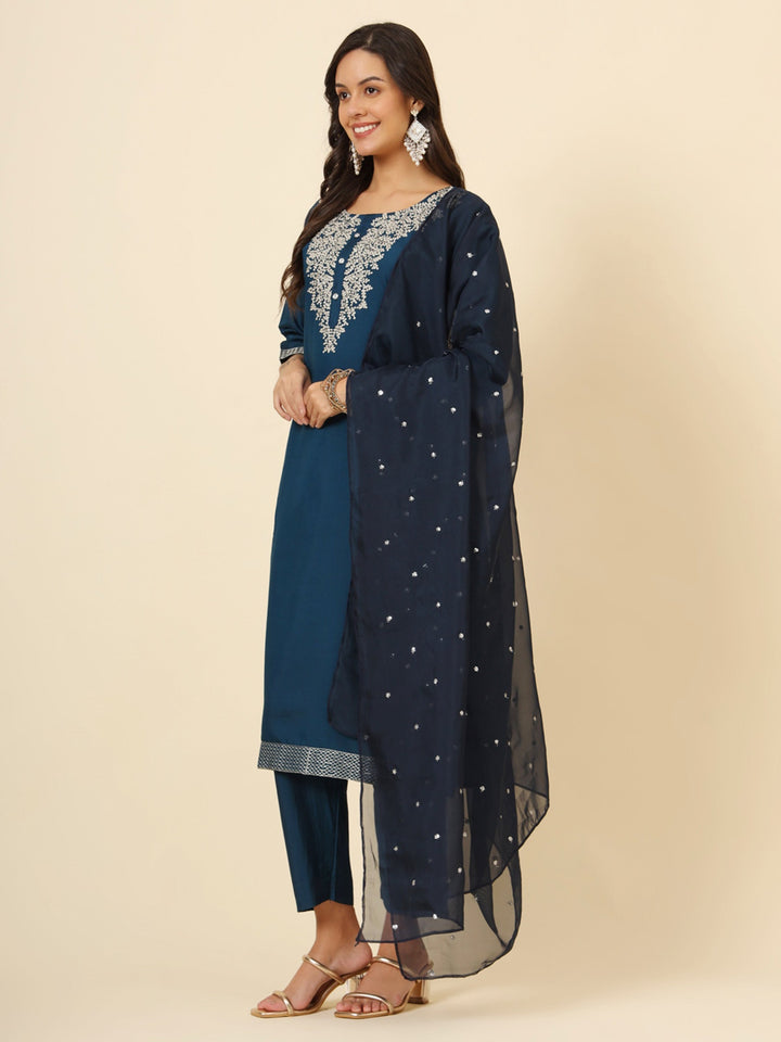 Fascinating Blue Embroidered Silk Pant Suit With Dupatta