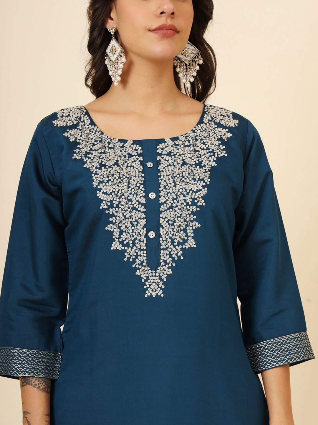 Fascinating Blue Embroidered Silk Pant Suit With Dupatta