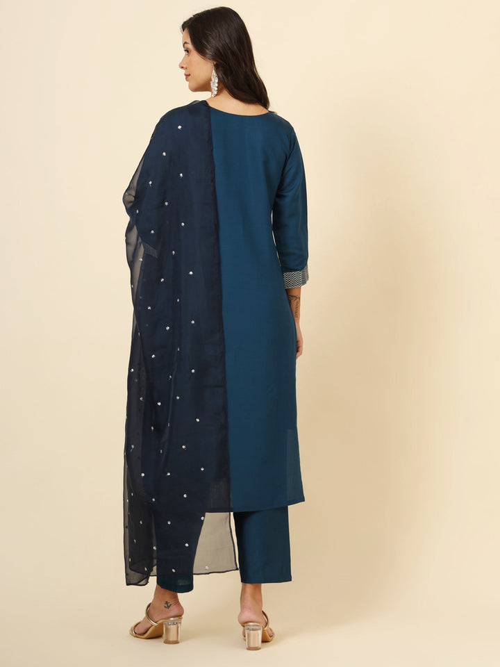 Fascinating Blue Embroidered Silk Pant Suit With Dupatta