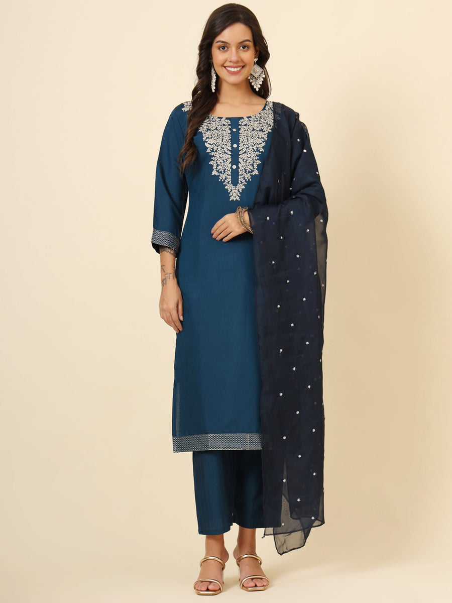 Fascinating Blue Embroidered Silk Pant Suit With Dupatta