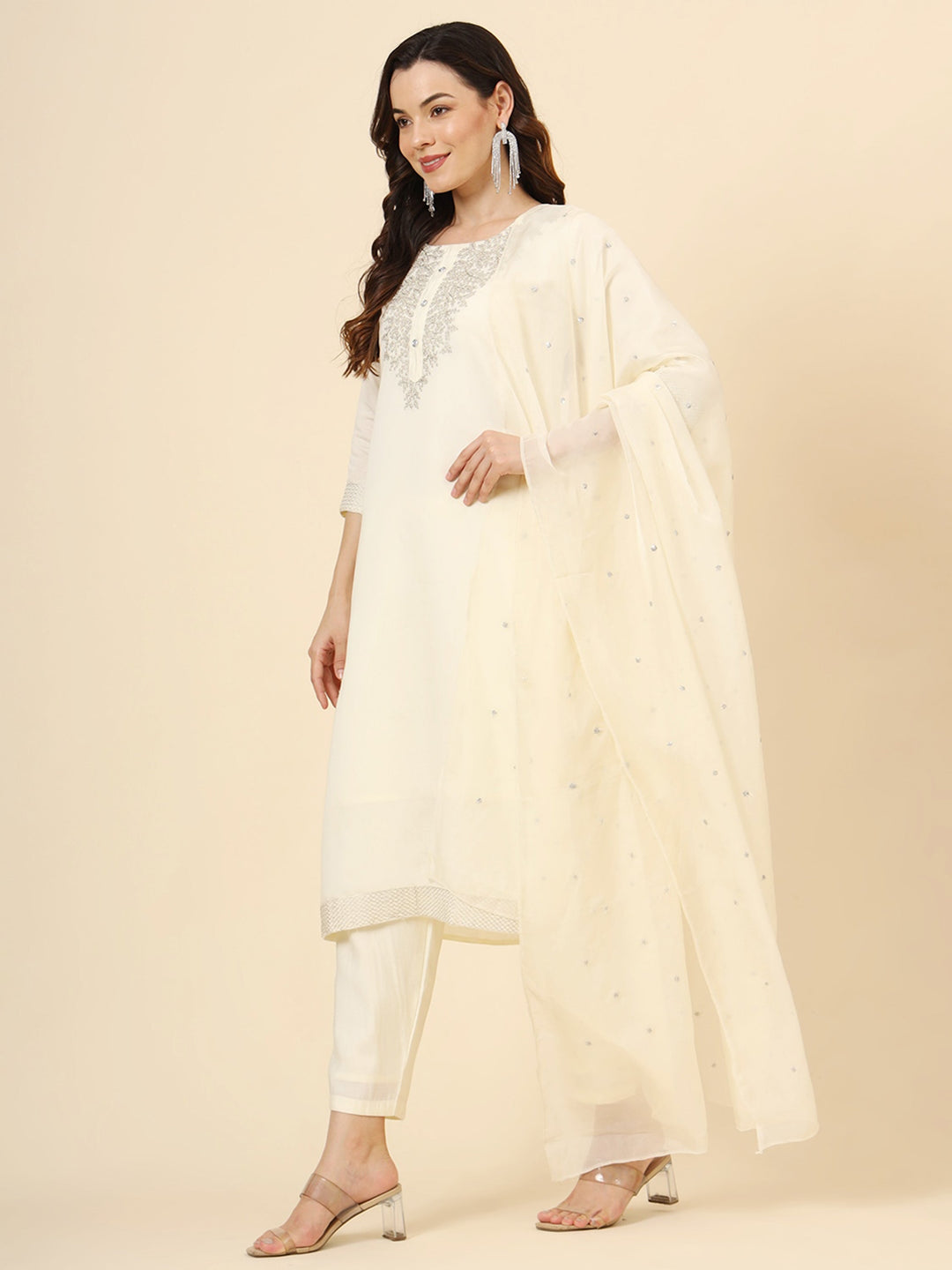 Stunning Cream Embroidered Muslin Silk Traditional Pant Suit