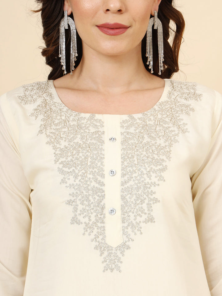 Stunning Cream Embroidered Muslin Silk Traditional Pant Suit