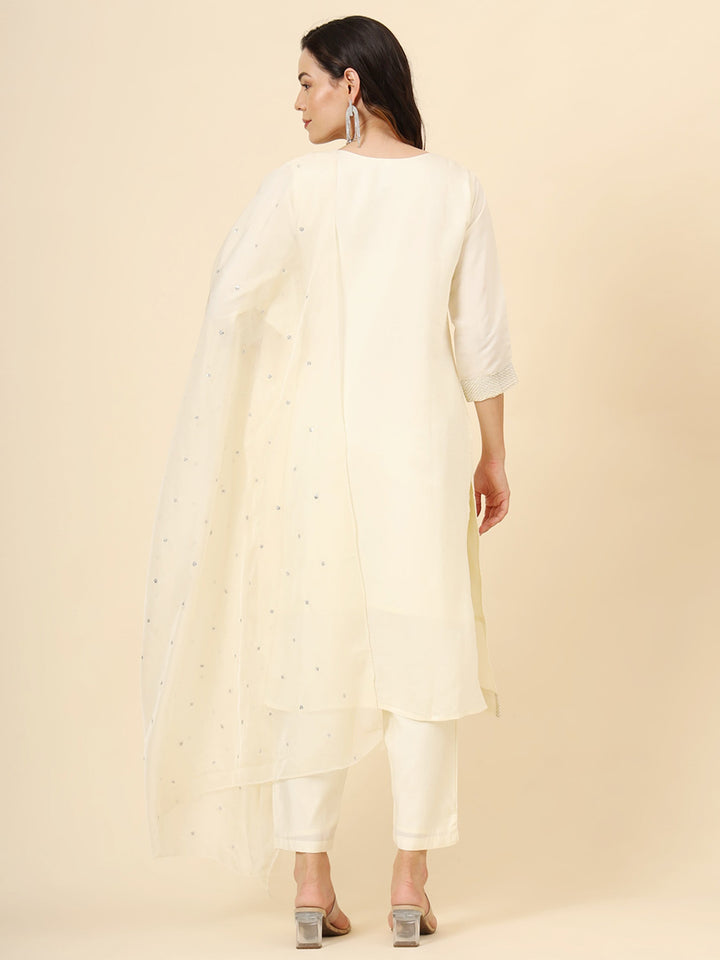 Stunning Cream Embroidered Muslin Silk Traditional Pant Suit