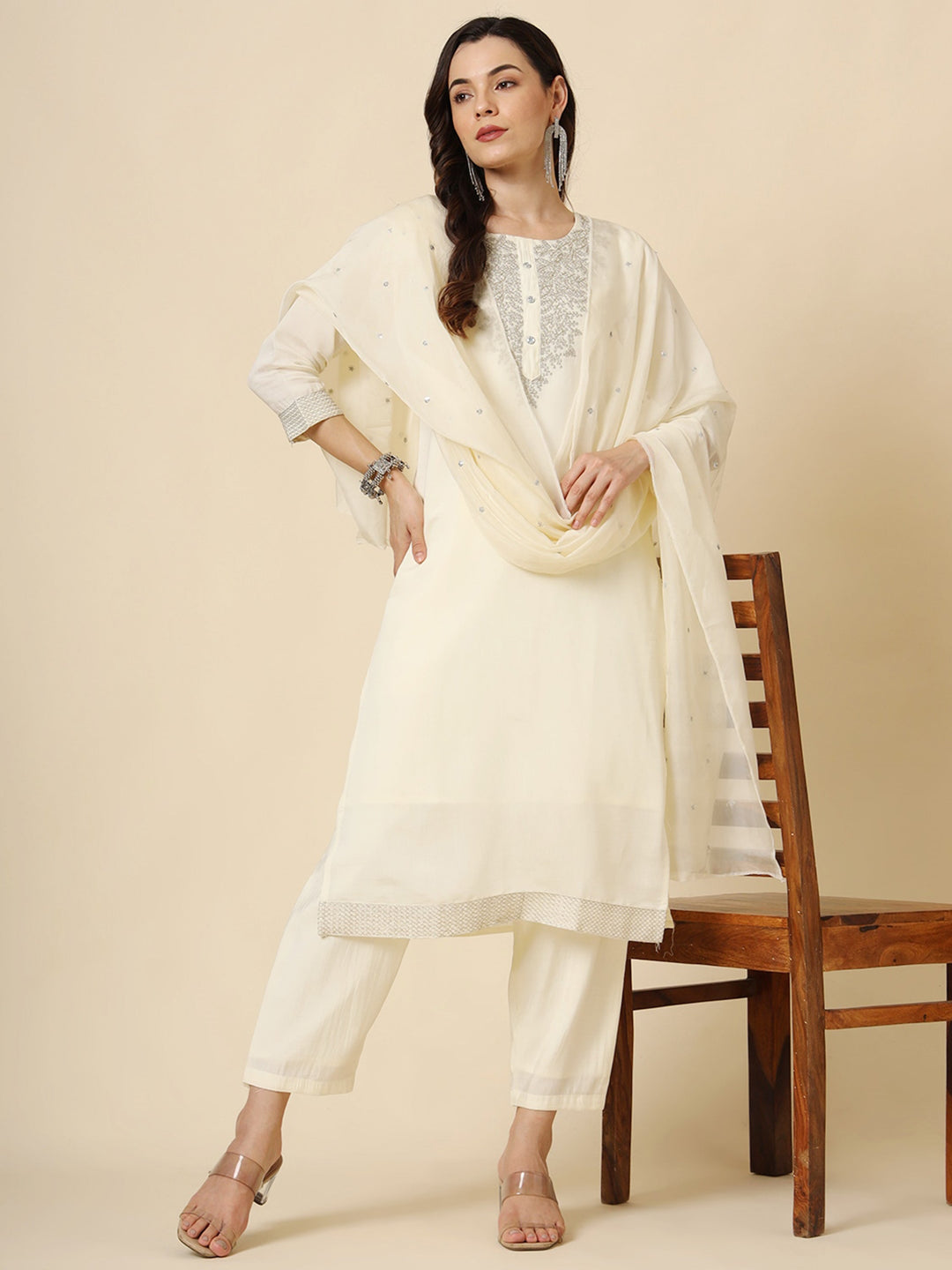 Stunning Cream Embroidered Muslin Silk Traditional Pant Suit