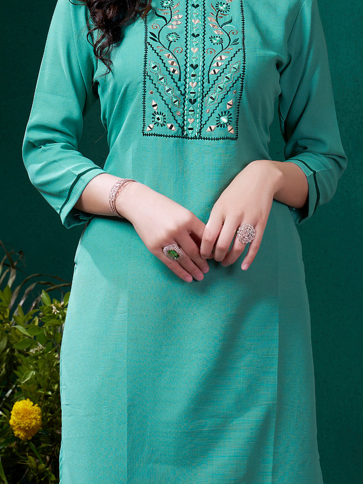 Gorgeous Sea Green Embroidered Cotton Festival Wear Kurti With Pant