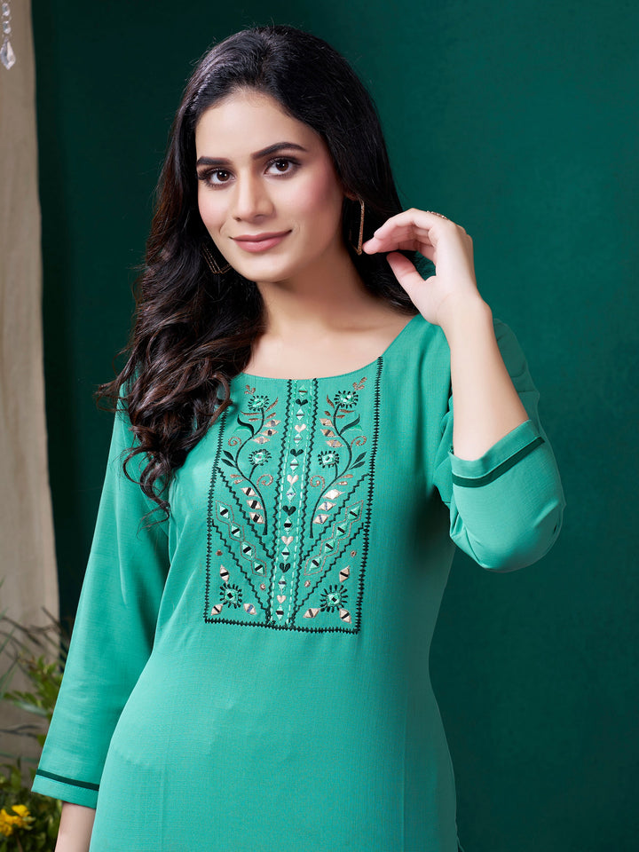 Gorgeous Sea Green Embroidered Cotton Festival Wear Kurti With Pant