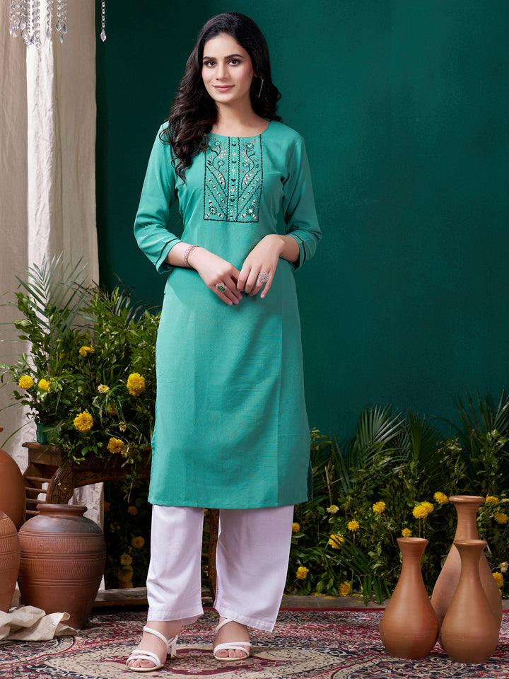 Gorgeous Sea Green Embroidered Cotton Festival Wear Kurti With Pant