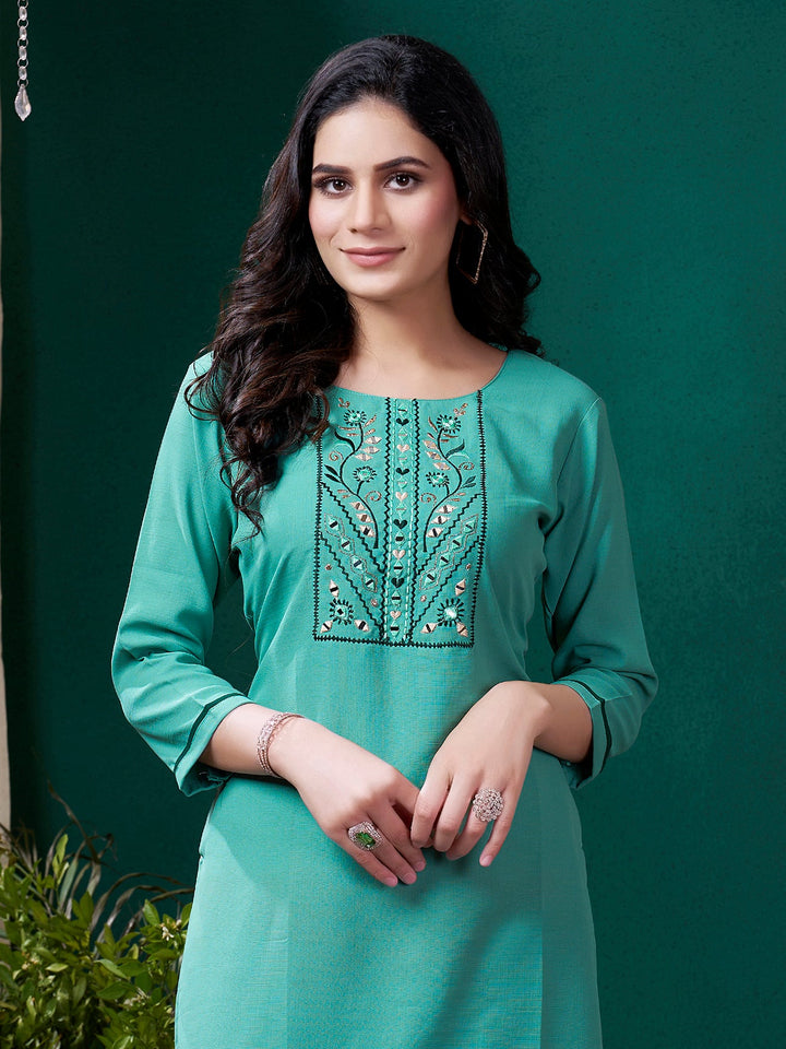 Gorgeous Sea Green Embroidered Cotton Festival Wear Kurti With Pant