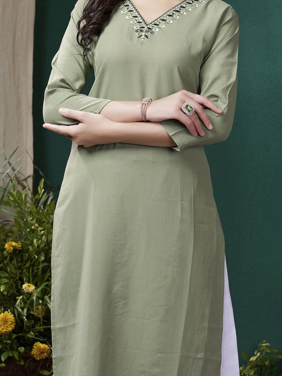 Stunning Olive Green Embroidered Cotton Casual Wear Kurti With Pant