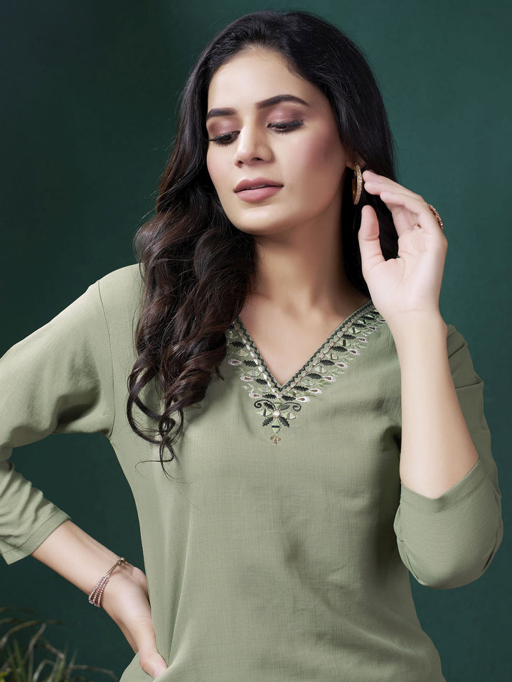 Stunning Olive Green Embroidered Cotton Casual Wear Kurti With Pant