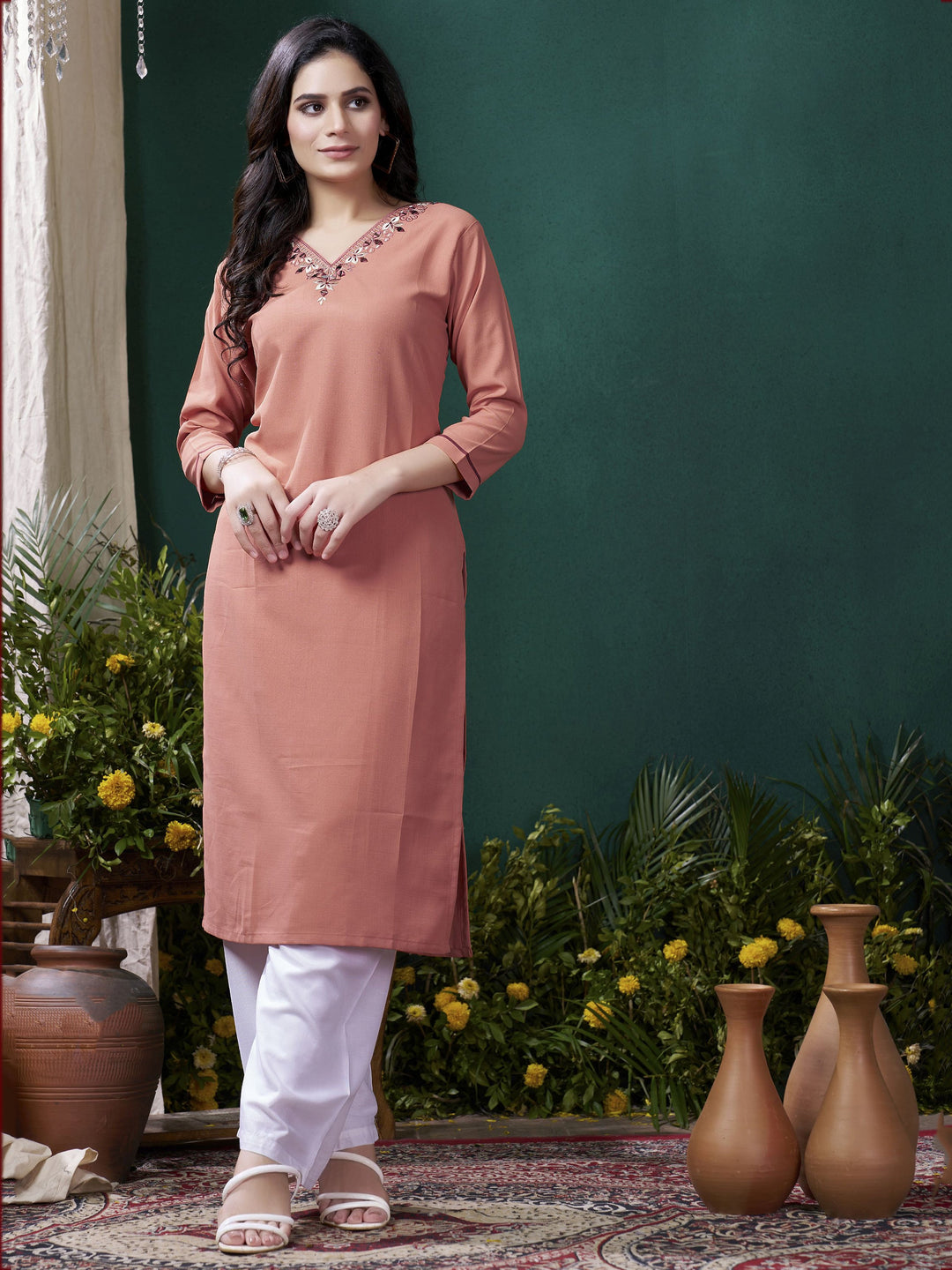 Precious Peach Embroidered Cotton Traditional Kurti With Pant