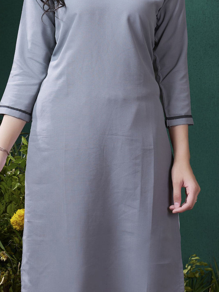 Charming Grey Embroidered Cotton Event Wear Kurti With Pant