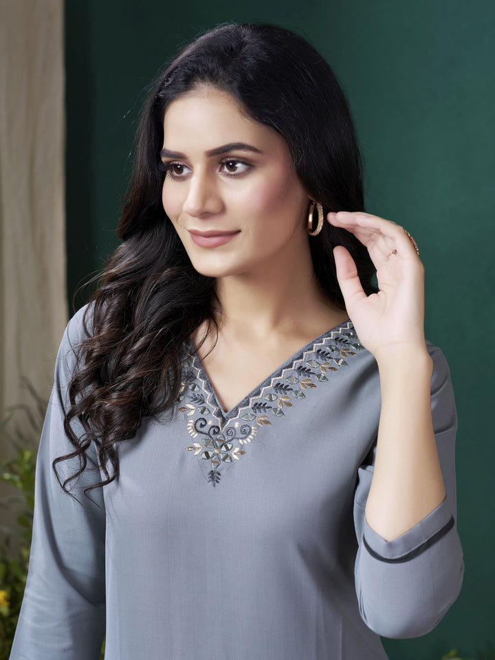 Charming Grey Embroidered Cotton Event Wear Kurti With Pant