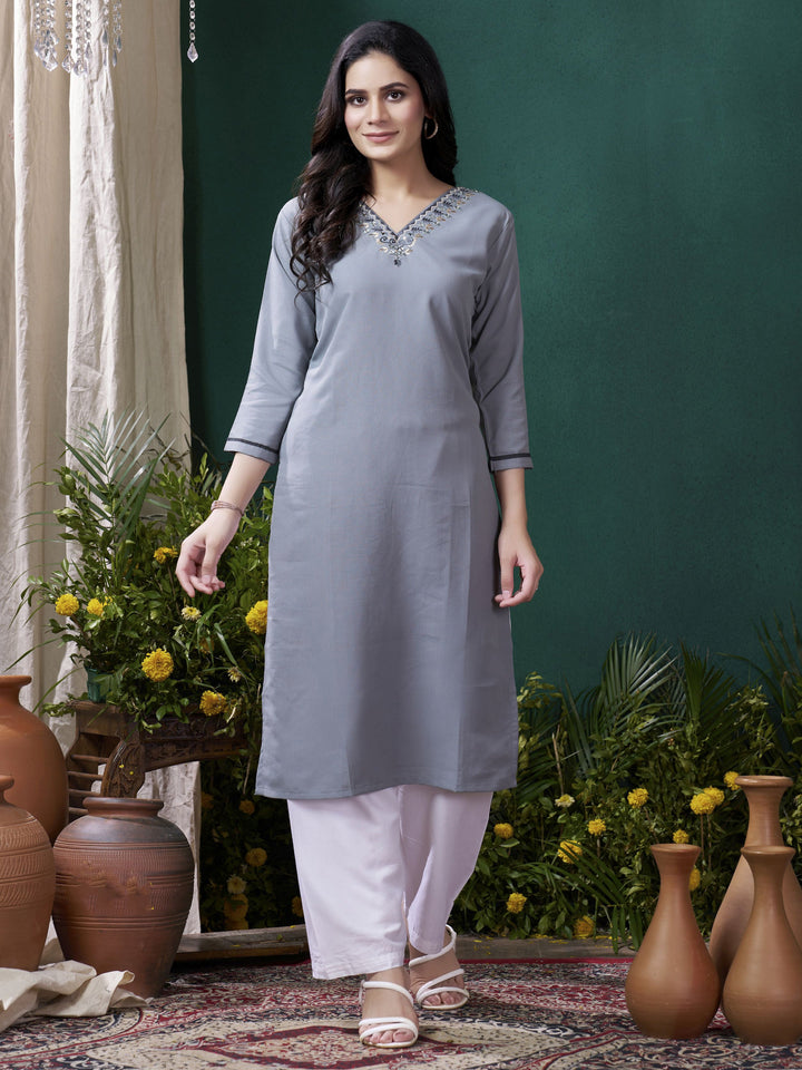 Charming Grey Embroidered Cotton Event Wear Kurti With Pant