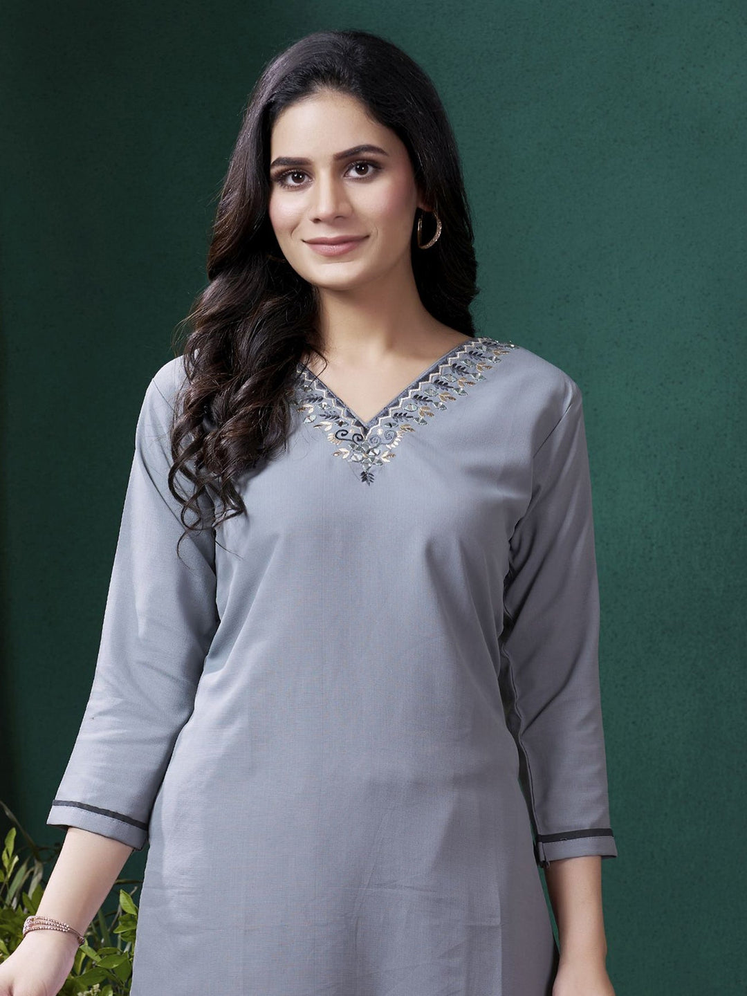 Charming Grey Embroidered Cotton Event Wear Kurti With Pant