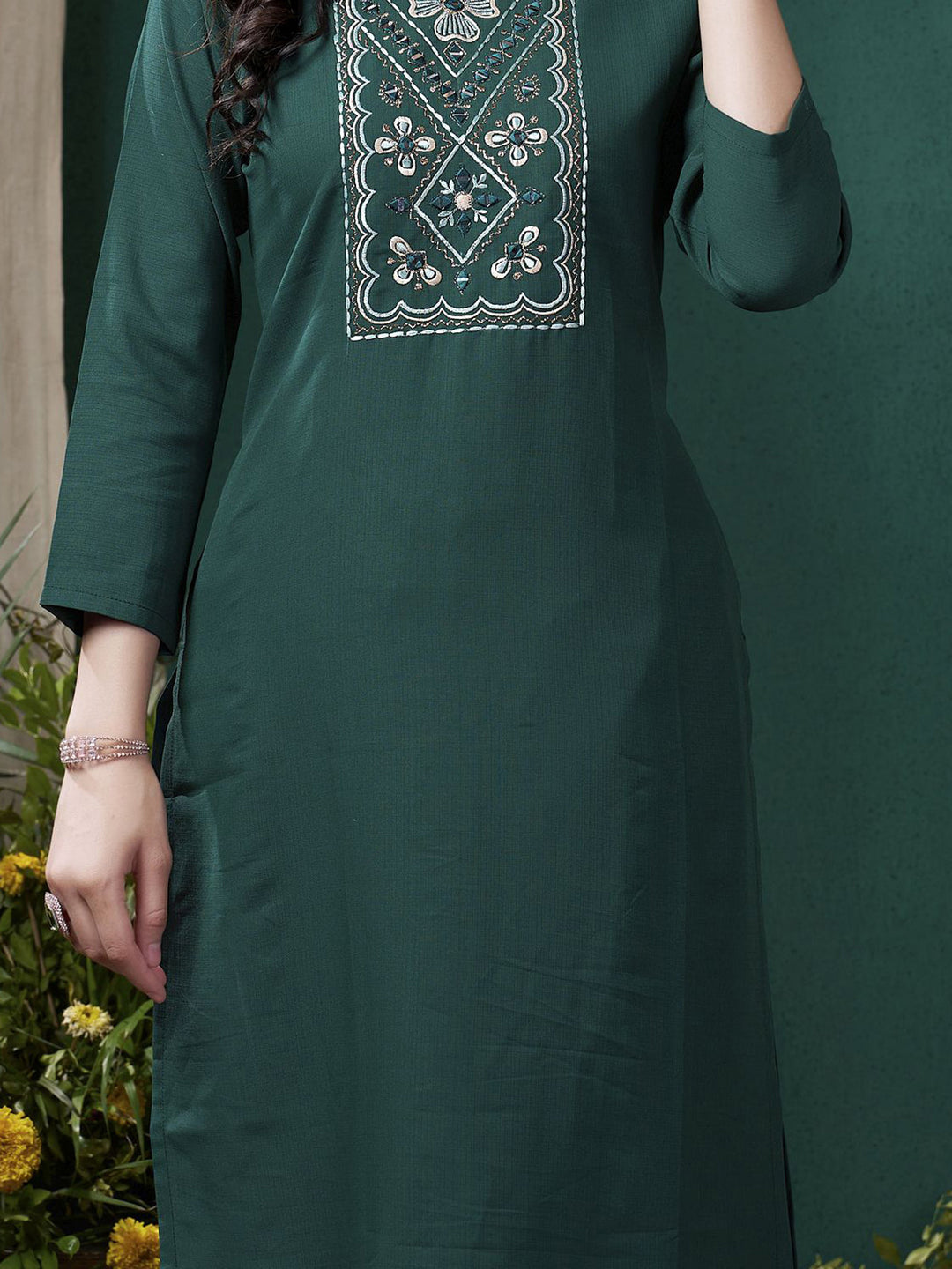 Beautiful Teal Green Embroidered Cotton Office Wear Kurti With Pant