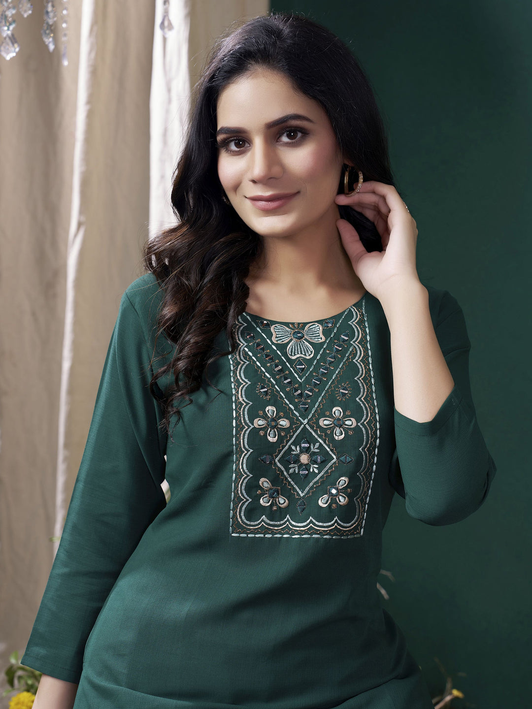 Beautiful Teal Green Embroidered Cotton Office Wear Kurti With Pant