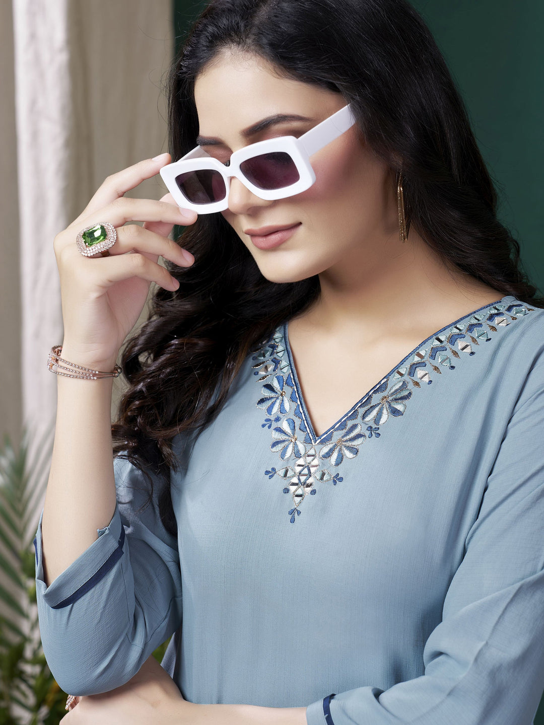 Amazing Dusty Blue Embroidered Cotton Casual Wear Kurti With Pant