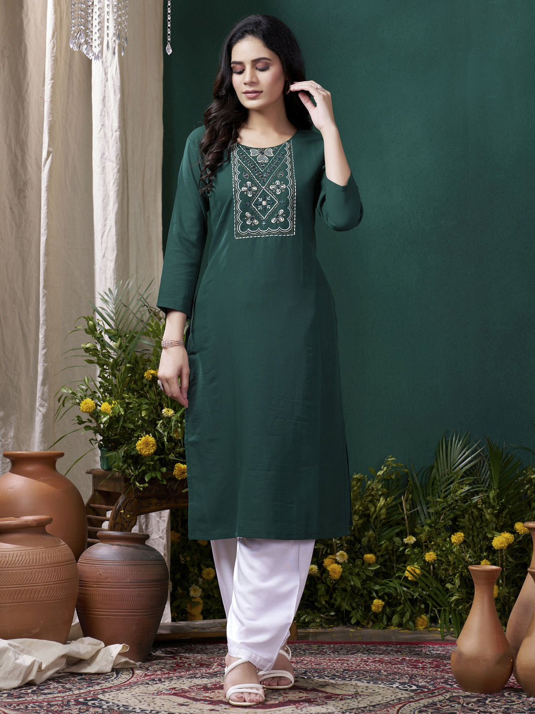 Beautiful Teal Green Embroidered Cotton Office Wear Kurti With Pant