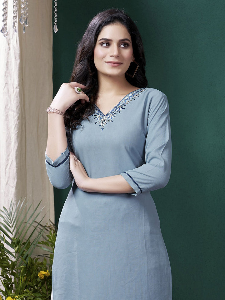 Amazing Dusty Blue Embroidered Cotton Casual Wear Kurti With Pant