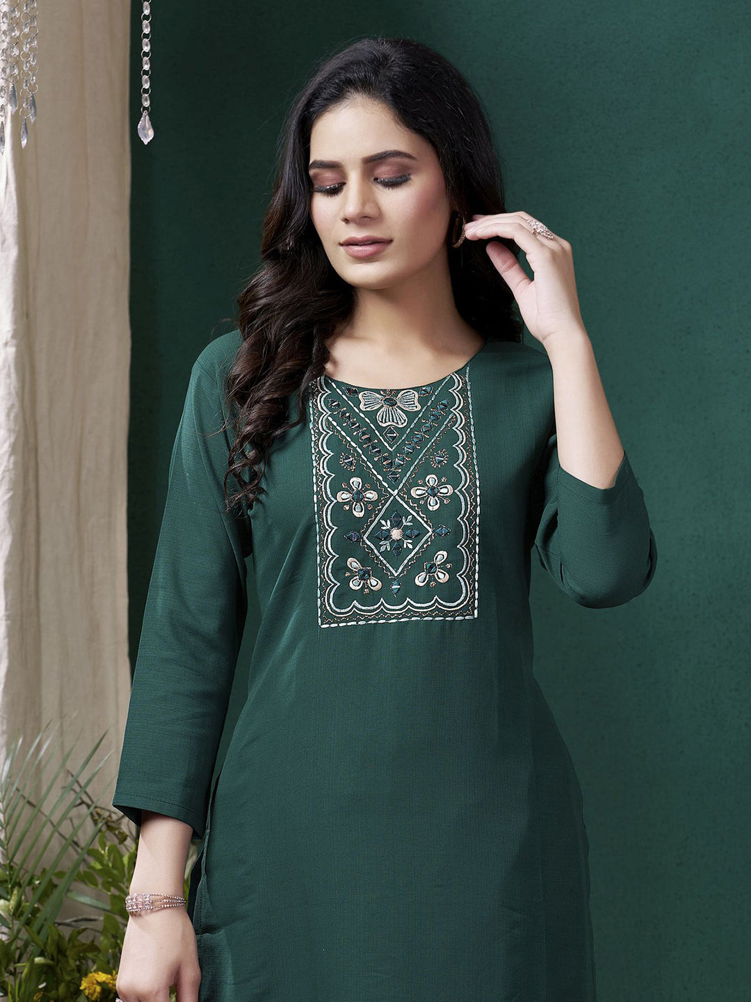 Beautiful Teal Green Embroidered Cotton Office Wear Kurti With Pant