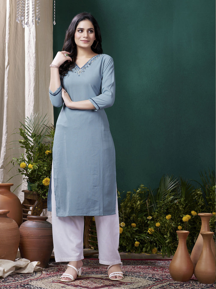 Amazing Dusty Blue Embroidered Cotton Casual Wear Kurti With Pant