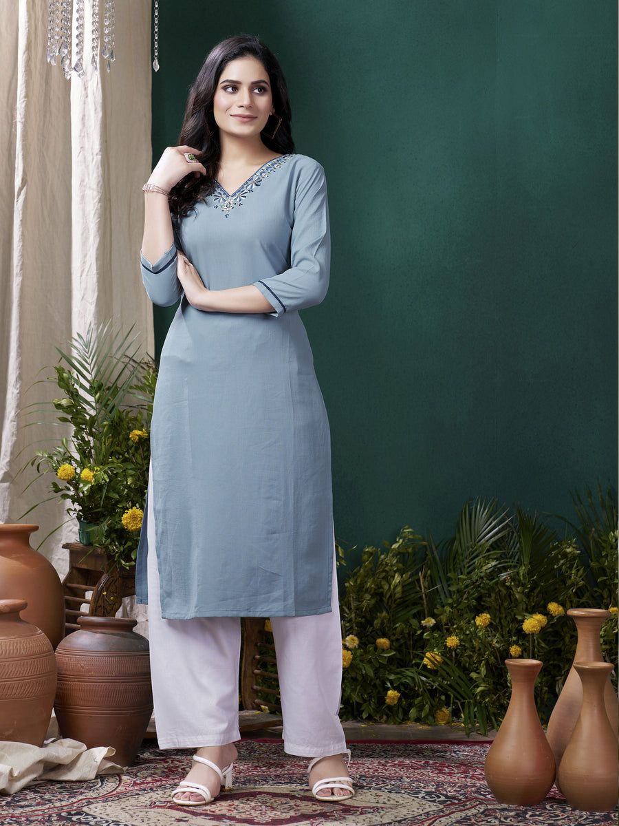 Amazing Dusty Blue Embroidered Cotton Casual Wear Kurti With Pant