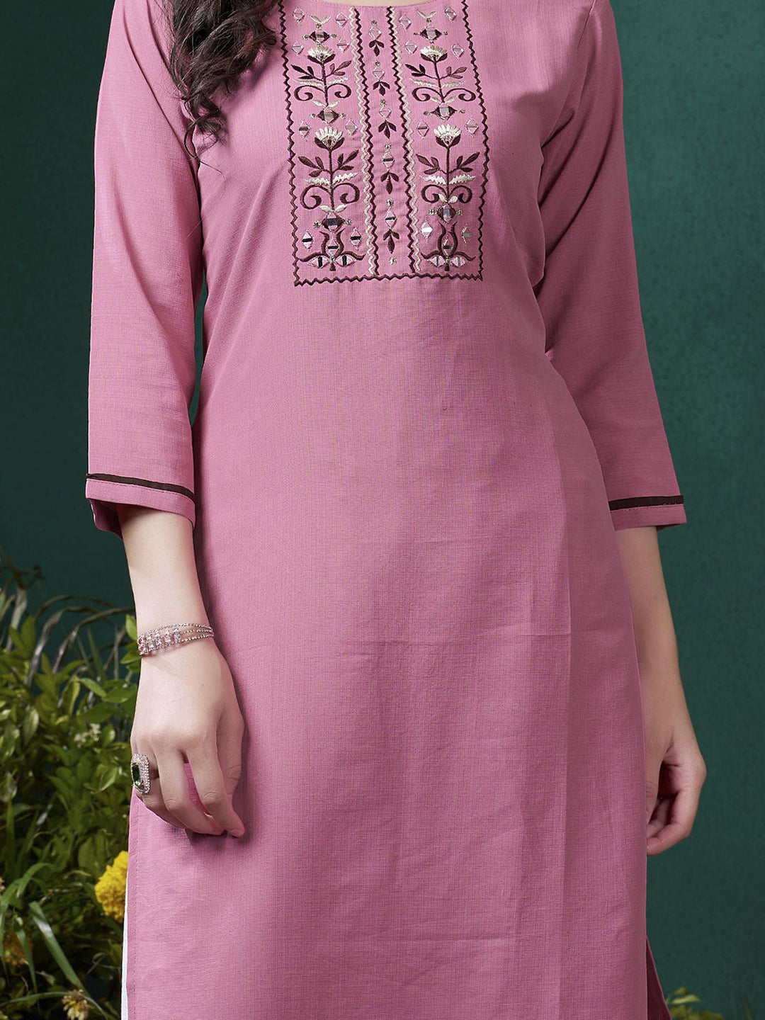 Adorable Mauve Embroidered Cotton Festival Wear Kurti With Pant