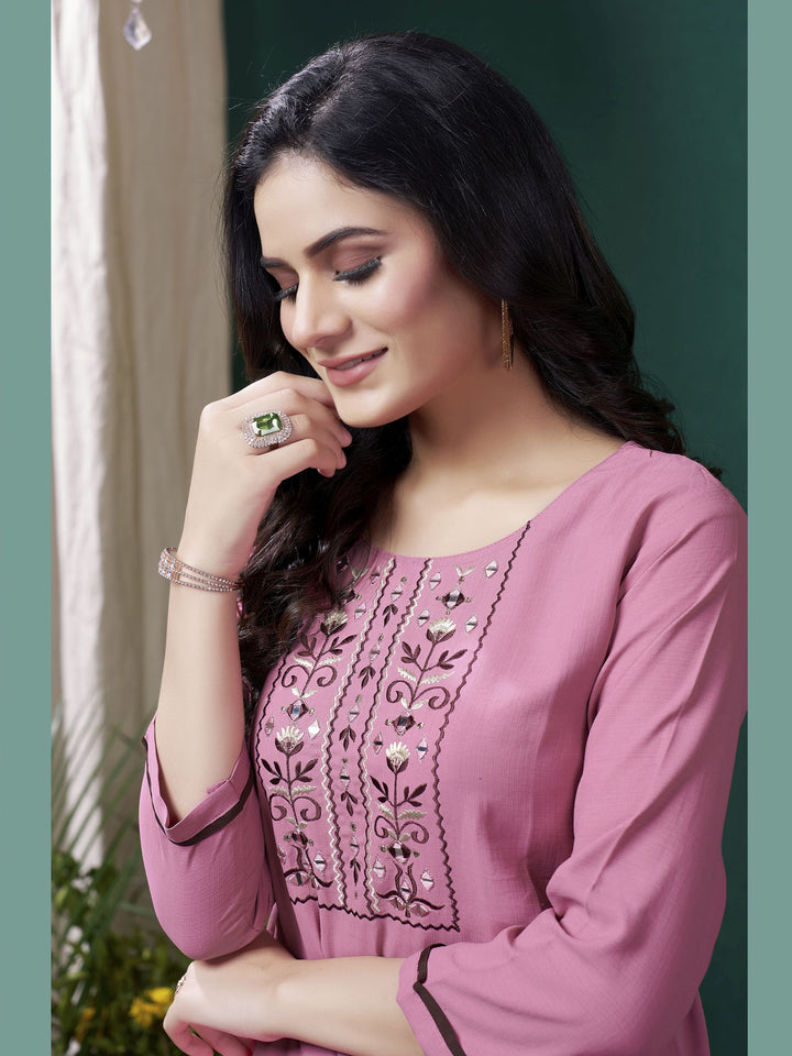 Adorable Mauve Embroidered Cotton Festival Wear Kurti With Pant