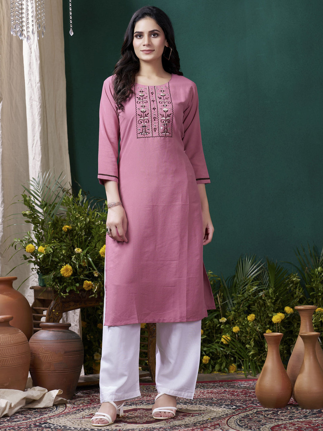 Adorable Mauve Embroidered Cotton Festival Wear Kurti With Pant