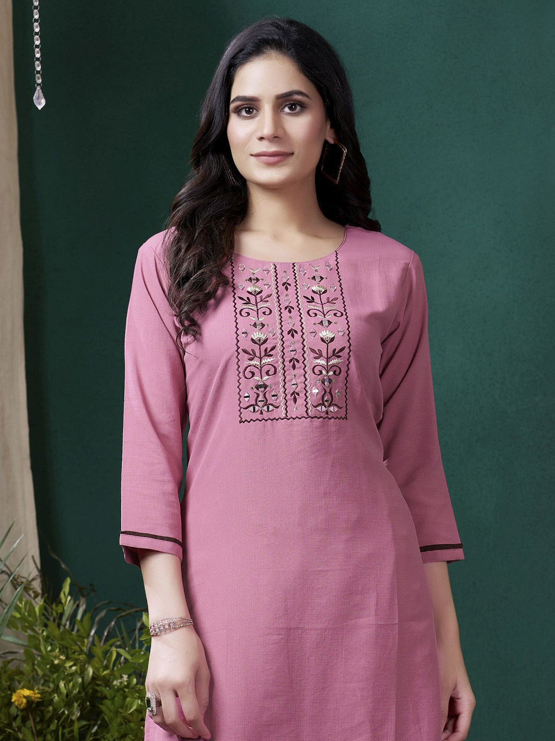 Adorable Mauve Embroidered Cotton Festival Wear Kurti With Pant