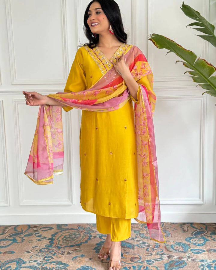 Designer Yellow Viscose Chanderi Salwar Kameez with Elegant Embroidery Work | Stylish Ethnic Wear for Women