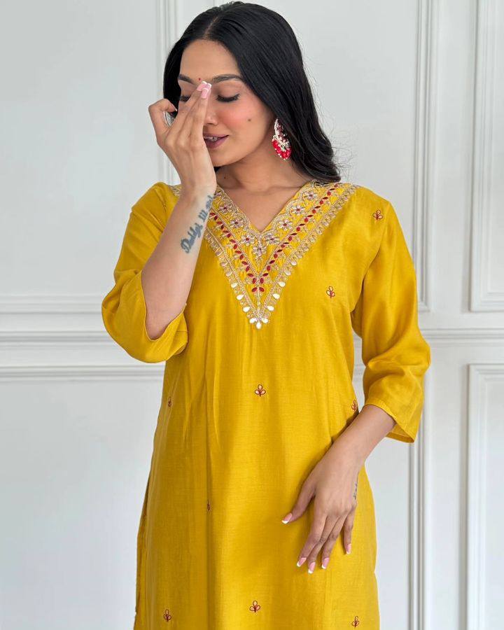 Designer Yellow Viscose Chanderi Salwar Kameez with Elegant Embroidery Work | Stylish Ethnic Wear for Women